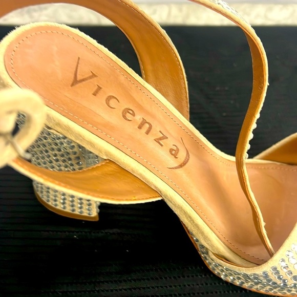 Anthropologie Vicenza Beige Platform Sparkly Ankle Straps High Heels - 4.5” - Picture 4 of 8
